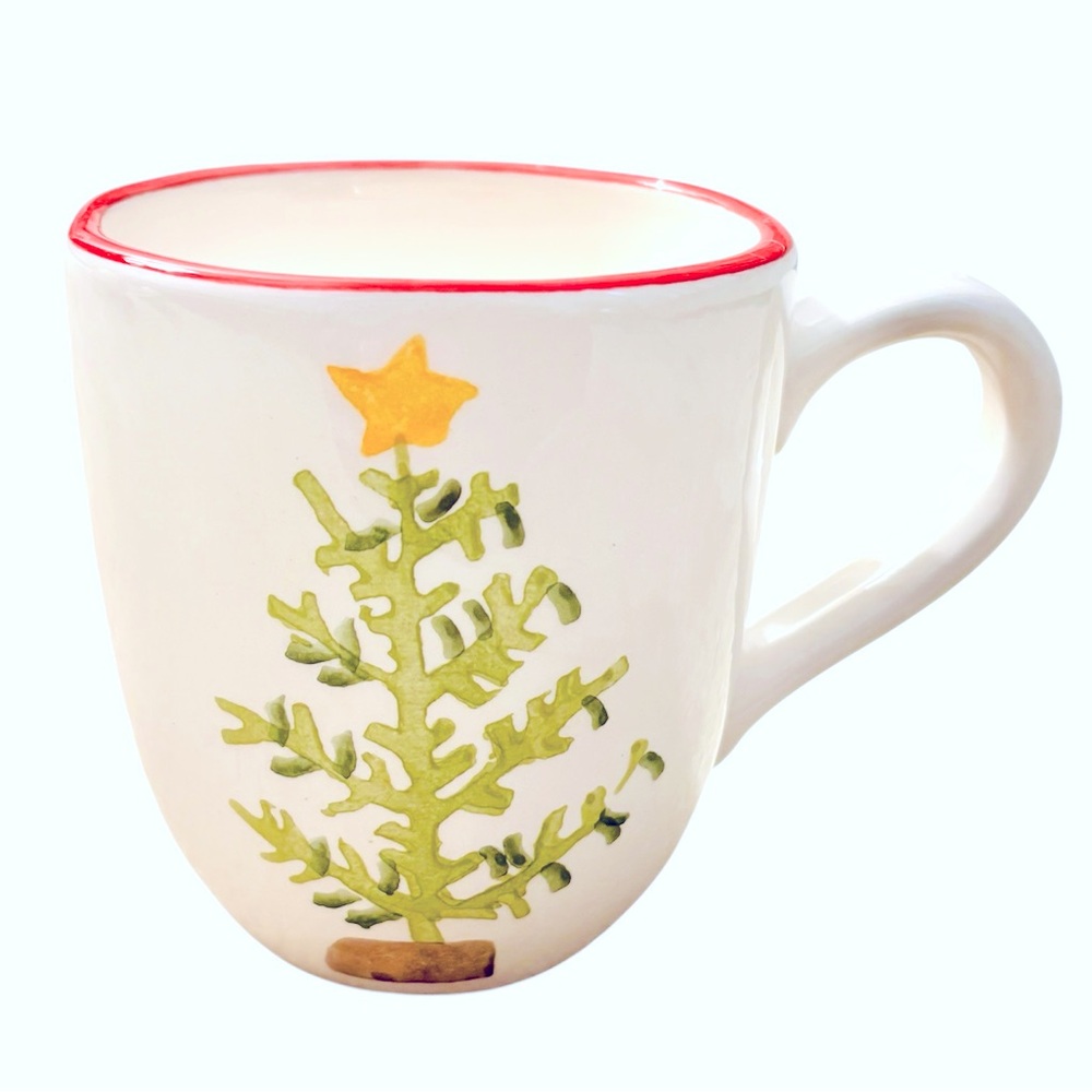 Sundance Living rounded Christmas tree mug with red rim